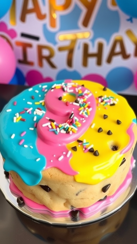 A colorful cookie cake decorated with frosting and sprinkles for a 9th birthday.